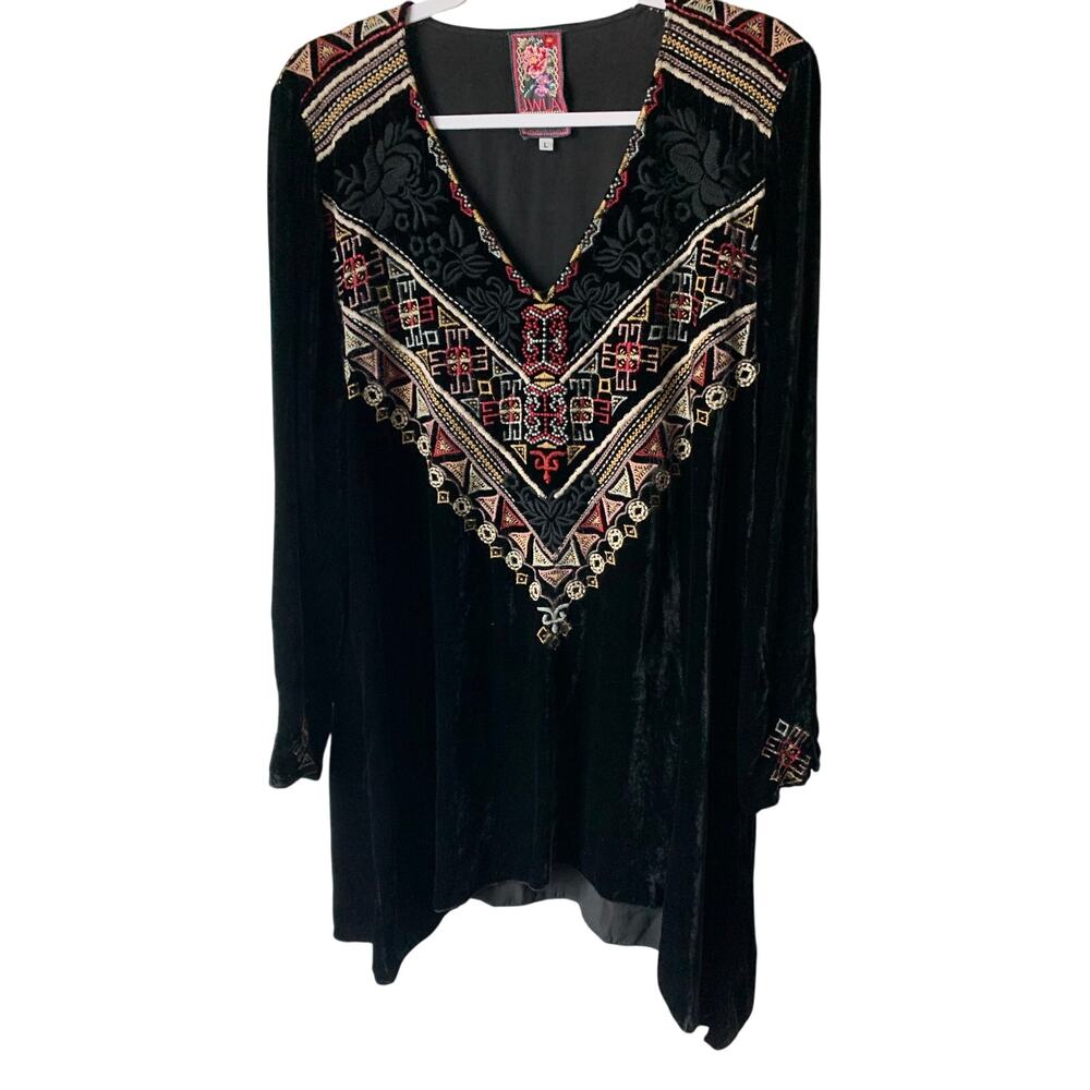 Johnny Was Velvet Embroidered Tunic Top Long Sleeve, size L